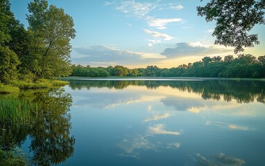 Obraz premium Peaceful lakeside scene with calm water reflecting the sky and trees