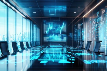 Futuristic boardroom with holographic displays showcasing financial data and city skyline.