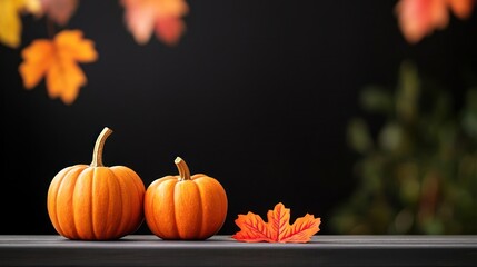 Naklejka premium Two Small Orange Pumpkins with Maple Leaves on Dark Wooden Surface