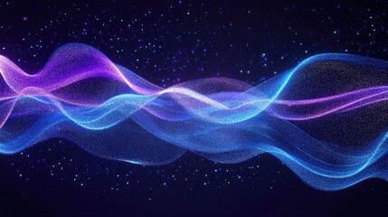 Obraz premium Abstract glowing blue and purple light waves forming rhythmic, flowing patterns against a dark space.