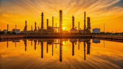 Fototapeta premium Stunning Sunset Reflection Over Industrial Complex in Vibrant Orange and Yellow Hues