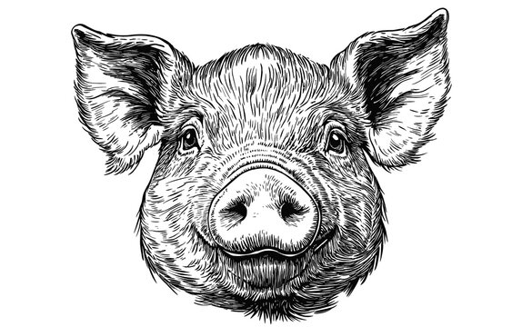 recommend clip art: Pig, hog, boar. Vintage retro print, black white pig sketch ink pencil style drawing, linear drawing, engrave old school. Sketch artwork silhouette pig, hog, boar. Side view profile. Illustration