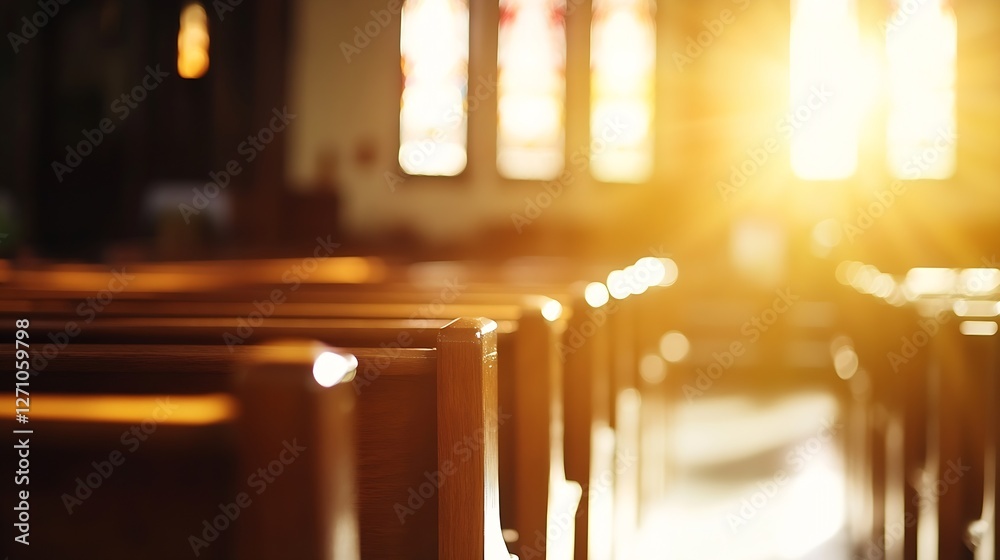 Aufkleber sunlight streaming through stained glass windows in an empty church creating a sacred atmosphere : g