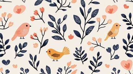 Fototapeta premium Background pattern cute animal footprints concept. Adorable Bird and Squirrel Footprints in Pastel Toned Floral Artwork