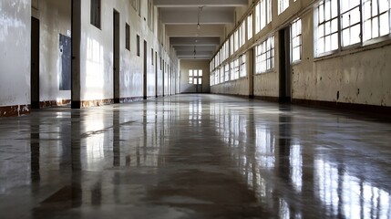 Obraz premium Abandoned corridor in an empty building with natural light illuminating the polished floor and aged walls : Generative AI