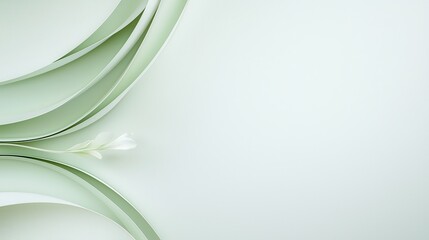 Fototapeta premium Elegant abstract green paper waves with delicate white flower on smooth pastel background.