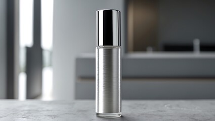 Elegant Silver Perfume Bottle Mockup on Modern Kitchen Counter