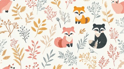 Background pattern cute animal footprints concept. Adorable Woodland Animals Amidst Vibrant Autumnal Foliage and Textures