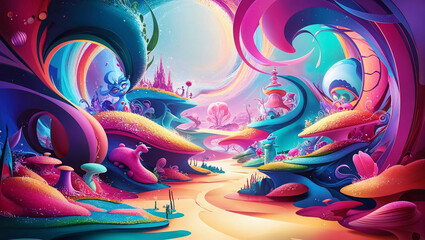 Fototapeta premium The scene depicts a vibrant cartoon landscape with fantastical structures in pink, purple, teal, and yellow, evoking a whimsical, otherworldly atmosphere.