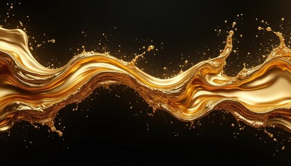 Obraz premium Abstract design. Gold liquid splash against black background. Wave motion. Splashing molten fluid texture. Graphic element for creative projects, posters, banners, modern advertisement. Luxury style.