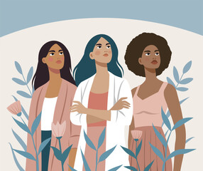 Women's day. March 8. Women of different skin colors and cultures stand together against the sky and flowers, women empowerment and women's rights, gender equality. Vector illustration
