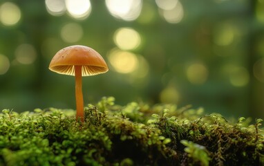 Fototapeta premium Tiny mushroom growing on moss-covered ground