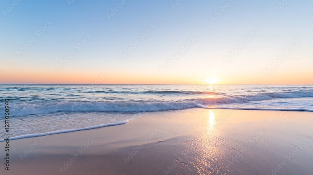 Poster tranquil beach scene at dawn with gentle waves lapping the shore under soft pastel skies : generativ