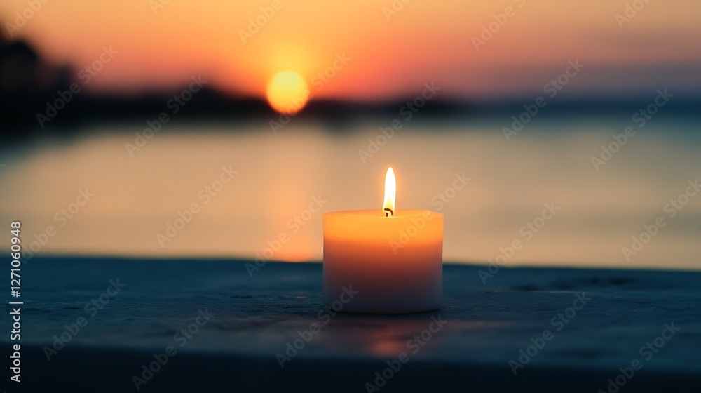 Aufkleber warm sunset view with a single glowing candle creating a peaceful ambiance : generative ai