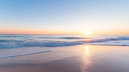 Tranquil beach scene at dawn with gentle waves lapping the shore under soft pastel skies : Generative AI