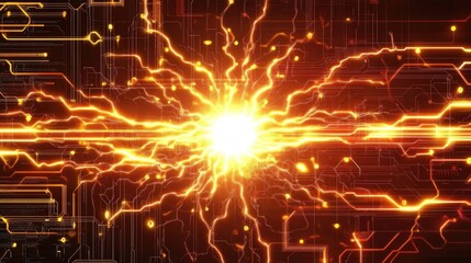 Obraz premium A bright energy pulse traveling through a high-tech circuit board background.