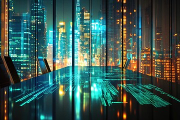 Night cityscape view from a modern office with a high-tech interactive table displaying data streams.