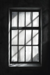 Sunlight casting shadows through a textured window in an abandoned building interior
