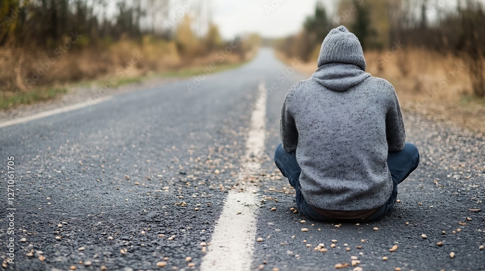 Aufkleber man sitting alone on a quiet road reflecting on life surrounded by natural elements : generative ai
