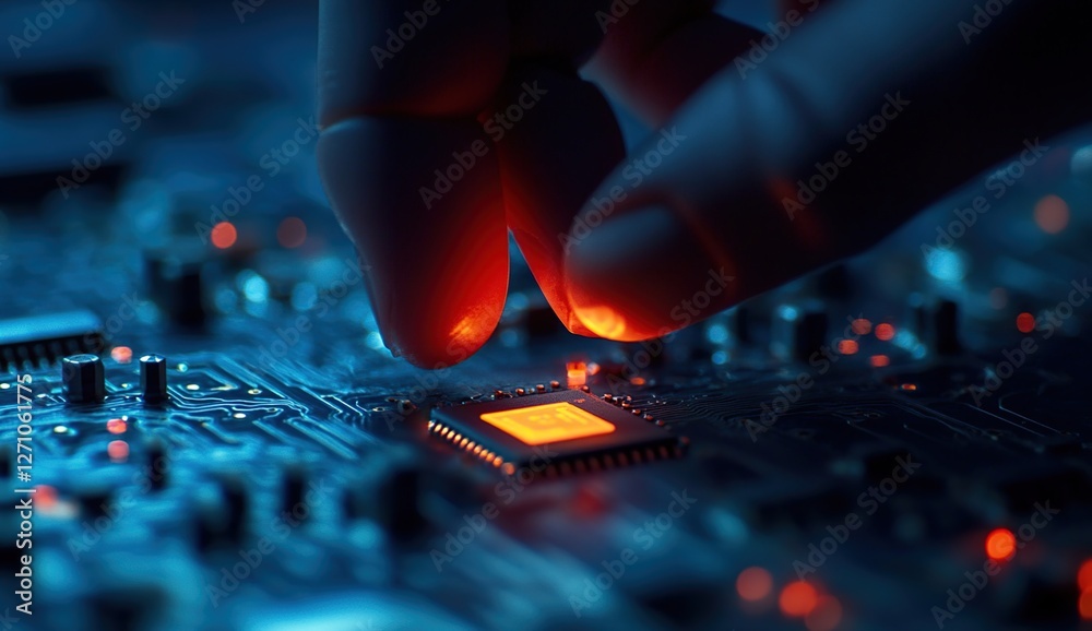 Poster installing a microchip: precisely placing the central processing unit onto a circuit board with care