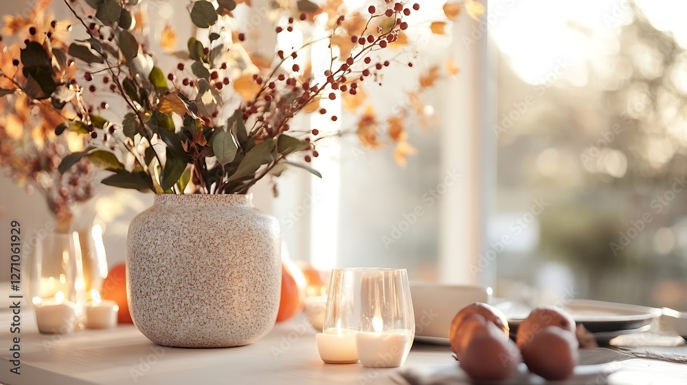 Poster elegant vase filled with beautiful autumn flowers in bright sunny setting on a stylish dining table 
