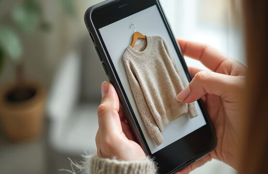 Woman takes photo of sweater on smartphone. E-commerce store concept. Selling clothes, fashion online on marketplace app. Reselling used clothes. Online business. Circular economy.