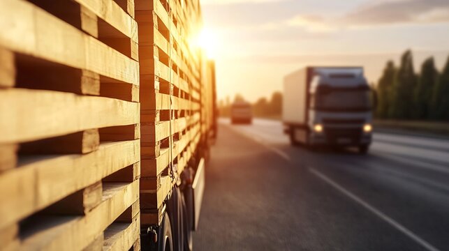 Trucks on a highway at sunset with pallets showcasing a transport industry scene : Generative AI