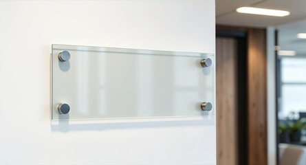 Blank glass nameplate design mockup, Signplate mock up on the wall near office entrance interior. Signage panel door number template. Clear printing sign board for branding near store.