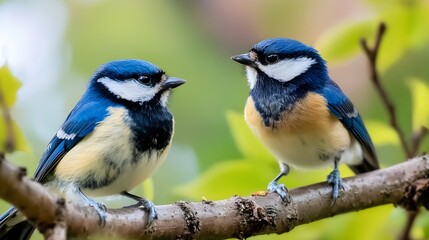 Obraz premium Closeup of vibrant blue and yellow birds perched on a branch surrounded by fresh green leaves : Generative AI