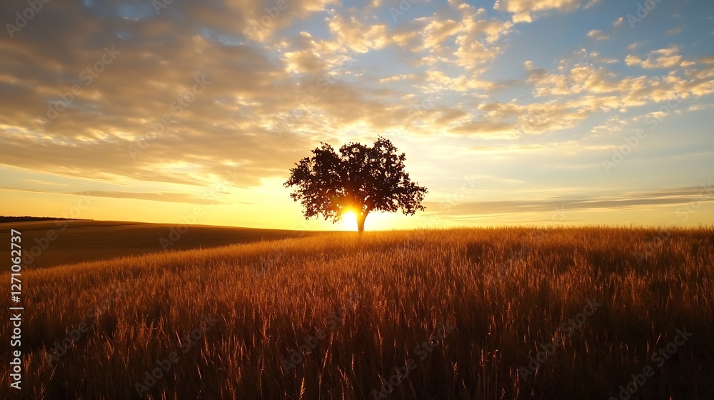 Poster Serene Sunset Over a Lush Field with a Lonely Tree Silhouette Creating a Peaceful Scene : Generative AI