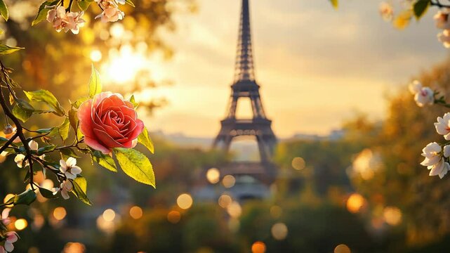 Eiffel Tower against the background of blooming flowers. Selective focus. Nature.