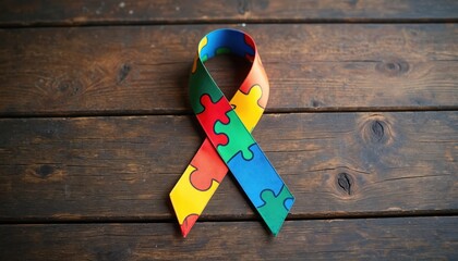 Autism Pride Day celebration. Colorful puzzle ribbon on rustic wooden background. Autism awareness, acceptance, support for autistic people. Perfect for educational, social campaigns, charity.