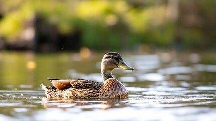 Graceful Duck Swimming on a Peaceful Lake Amongst Soft Reflections and Greenery : Generative AI