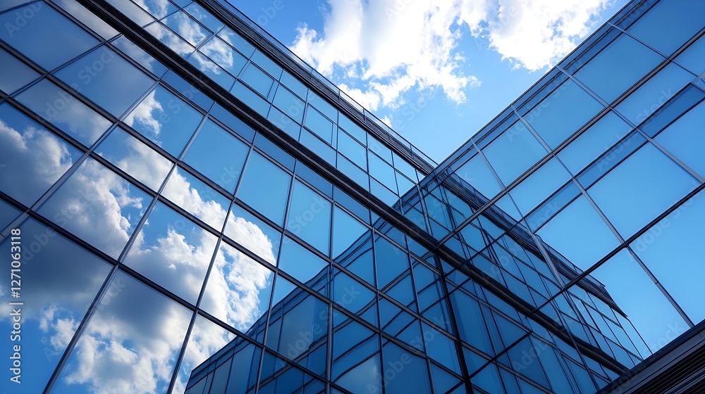 Poster modern architectural design featuring gleaming glass buildings reflecting clouds in the sky : genera