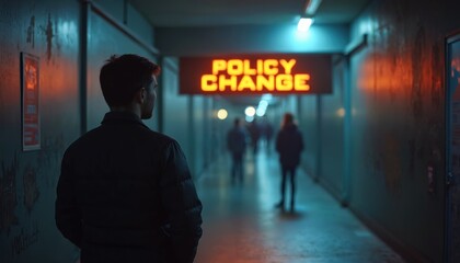 Person stands in dimly lit corridor observing POLICY CHANGE sign. Other people walk in background. Urban public transport space. Announcement of changes in the rule of conduct. Modern lifestyle.