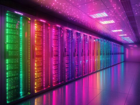 A depiction of large data sets being handled by servers, illustrating intricate patterns and connections