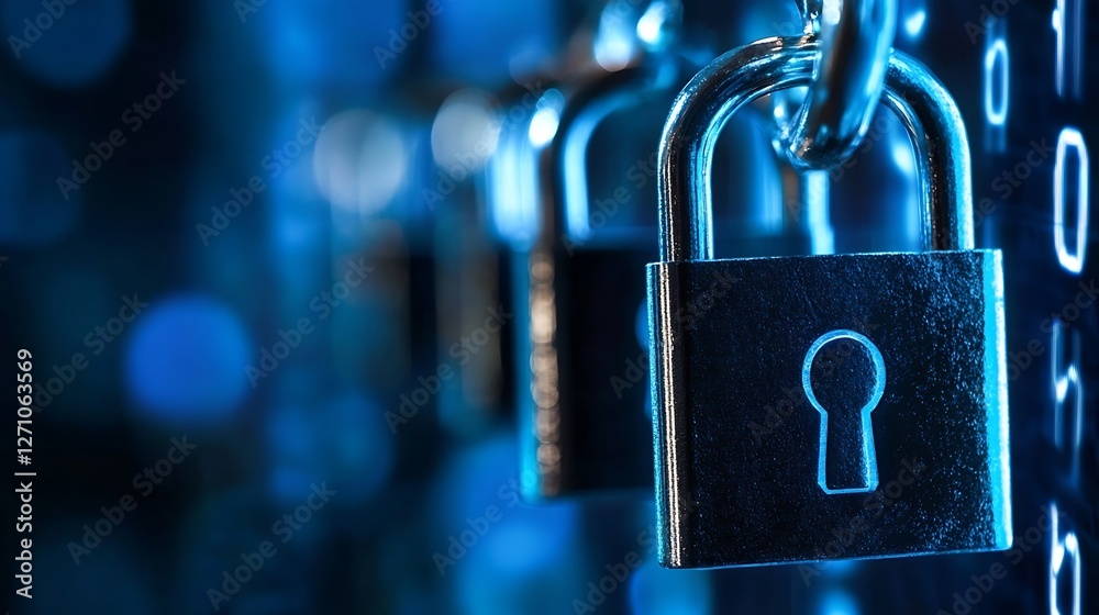 Poster Close view of shiny padlocks emphasizing security and safety in a technological and modern environment : Generative AI