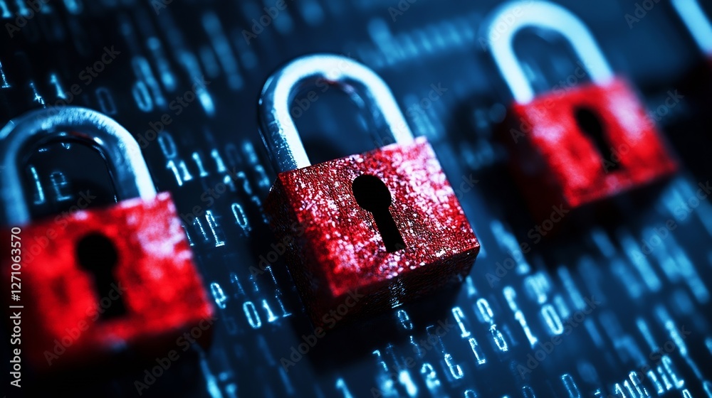 Aufkleber Close Up of Red Padlocks on Digital Background Representing Data Security and Protection : Generative AI