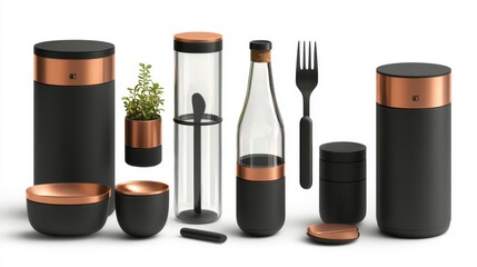 Fototapeta premium A range of clean and minimalistic icons highlighting essential cutlery items like forks, spoons, knives, plates, and cloches against a neutral backdrop, perfect for restaurant, catering, and dining