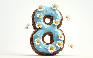 Number 8 covered in sky-blue chocolate with floating daisies and soft glow on a clean white background for 8 March International Womens Day