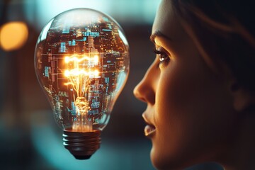 A woman gazes at a glowing light bulb filled with digital data, symbolizing innovation and technological ideas.