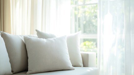Stylish and cozy living room interior featuring white cushions plush sofa illuminated by soft natural light : Generative AI