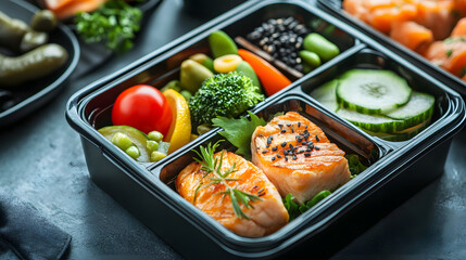 School lunch box with full meal top view with copy space 