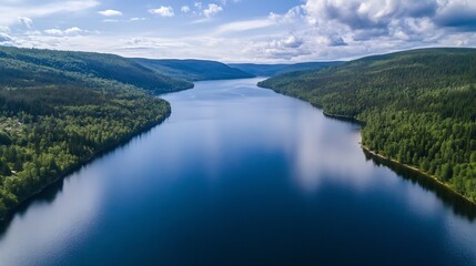 Obraz premium Breathtaking aerial view of calm river flowing through dense green forest landscape : Generative AI