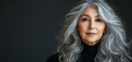 Fototapeta premium A mature woman with gray, wavy hair, smiling confidently, embodying self-assurance and elegance, perfect for lifestyle and empowerment campaigns