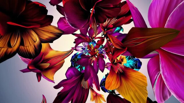 Vibrant digital flowers morph into geometric patterns. Nature with technology. Abstract floral background