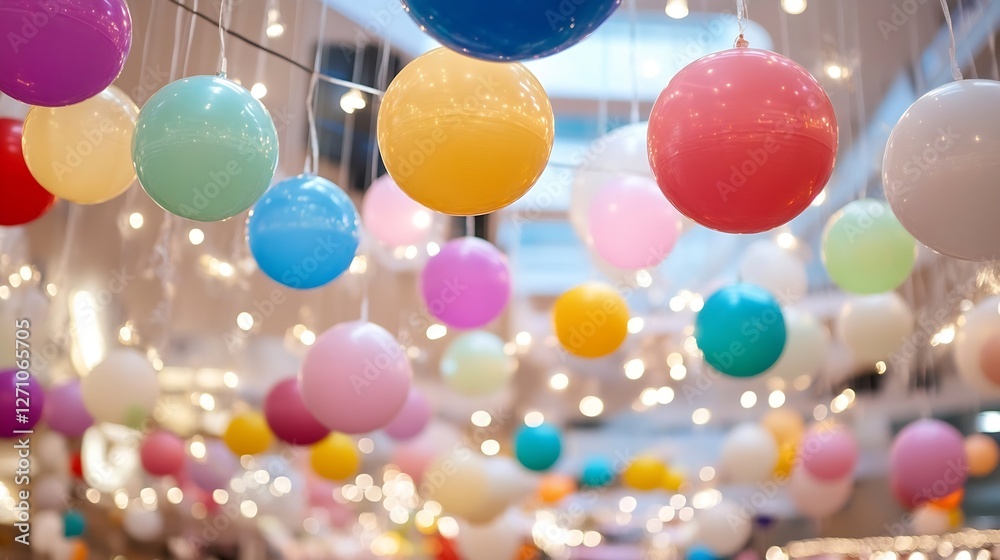 Aufkleber vibrant colorful hanging balloons illuminated with festive lights creating a joyful atmosphere : gen