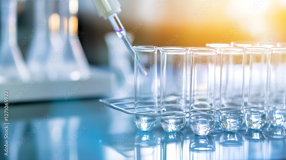 Poster close up of a laboratory pipette dispensing liquid into test tubes in a clean and bright lab environ