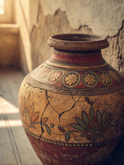 Handcrafted pottery close-up of an antique ceramic vase with intricate floral patterns and aged cracks