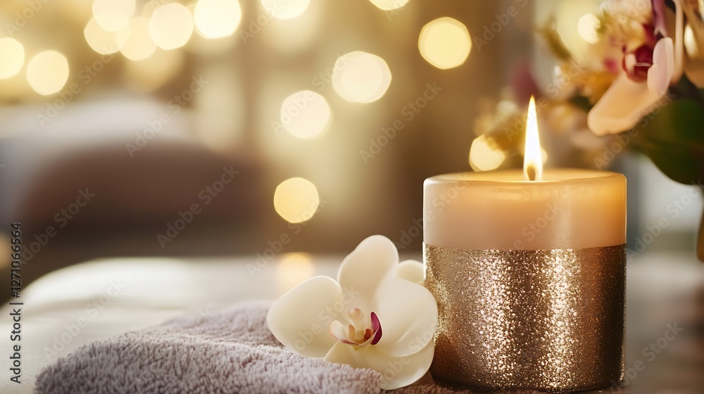 Aufkleber Elegant Spa Setting with Aromatic Candle and Soft Orchid Flower for Relaxation and Comfort : Generative AI